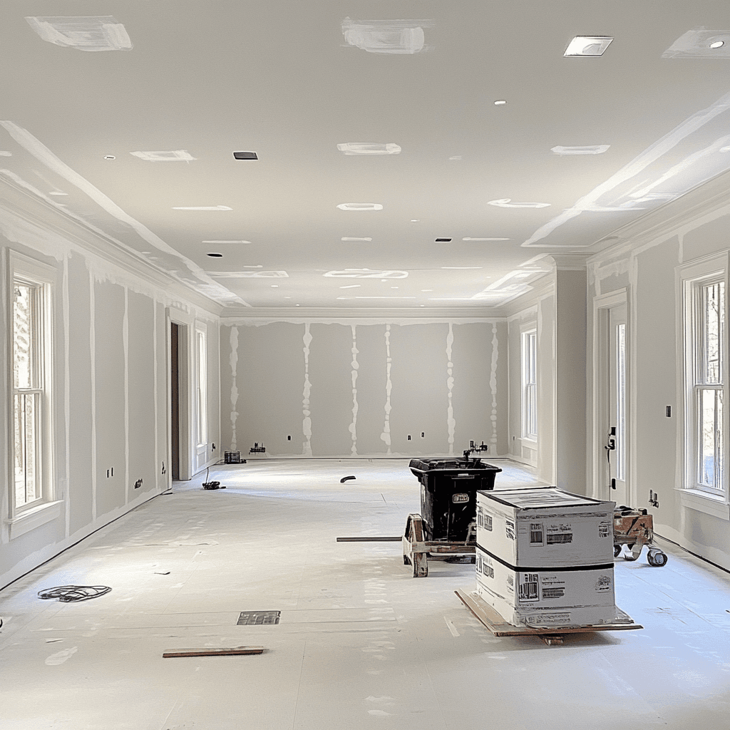 picture of a living room getting prepped for painting