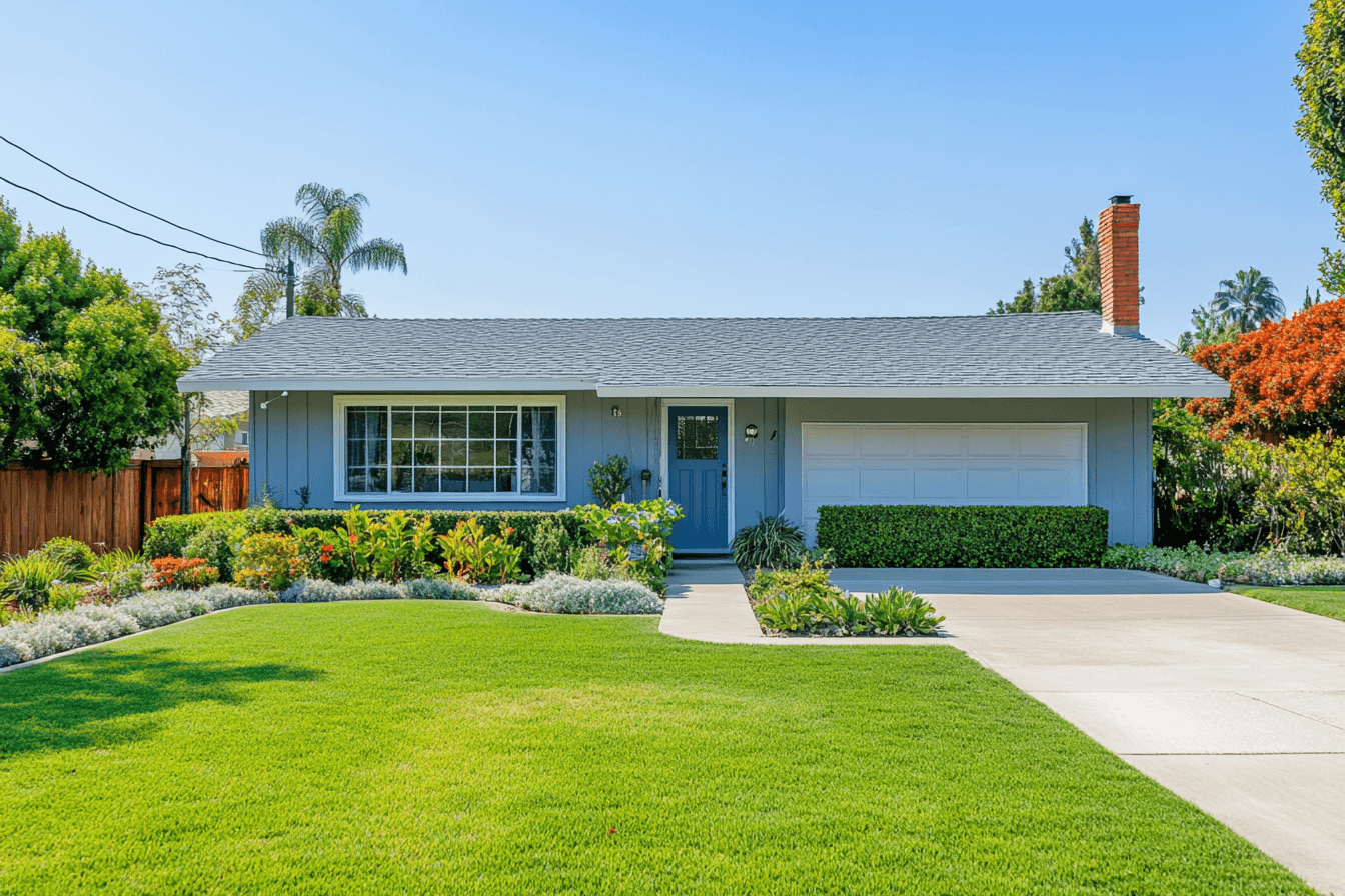 Picture of a freshly painted home with blue wood siding